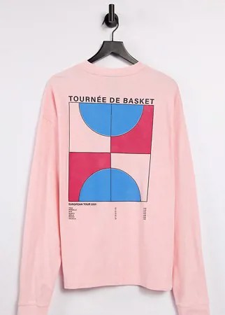 Розовый oversized-лонгслив из пике с эффектом кислотной стирки и принтом COLLUSION Unisex-Розовый цвет