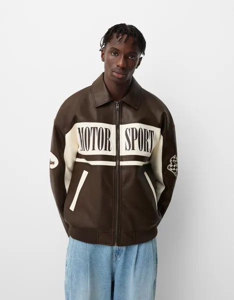 Куртка-Бомбер из искусственной кожи Bershka, коричневый