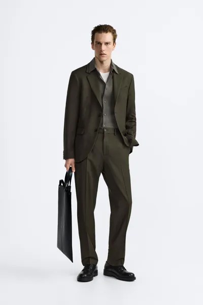 Костный пиджак из полушерсти ZARA, темный хаки