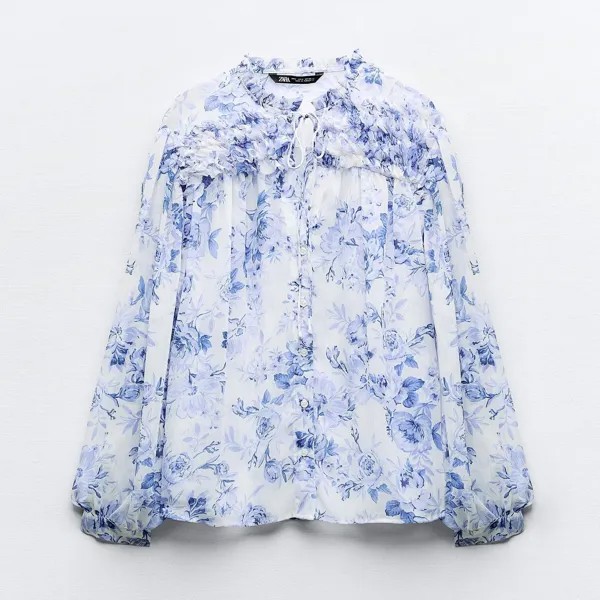 Блузка Zara Ruffled Floral Print, синий/белый