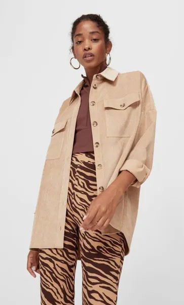 Stradivarius Плотная Рубашка Карго В Тонкий Рубчик Бежевый Xs