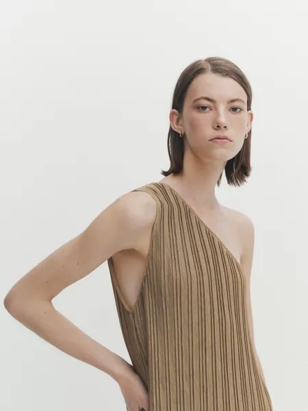 Асимметричное платье миди с плиссами Massimo Dutti, бледный хаки