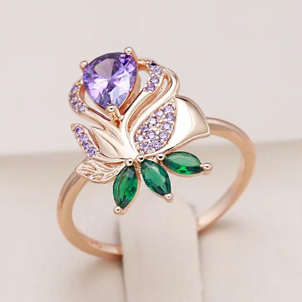 Геометрический фиолетовый циркон Роскошные цветочные кольца для женщин Золотой цвет Винтаж Свадебные украшения