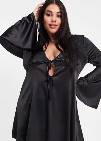 Черное платье мини с завязками спереди и свободной юбкой ASOS DESIGN Curve-Черный цвет