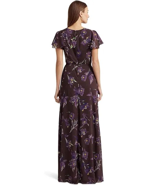 Платье LAUREN Ralph Lauren Floral Belted Georgette Flutter-Sleeve Gown, цвет Brown/Purple/Multi