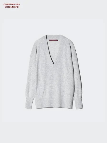 Кашемировый джемпер v-образный вырез Uniqlo, серый