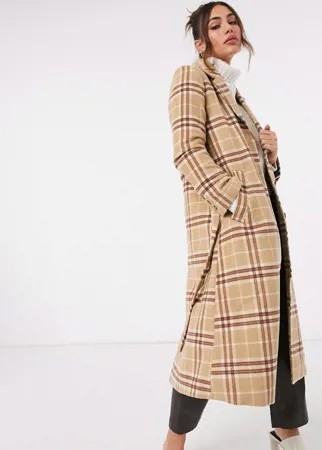 Коричневое пальто с поясом в клетку из ткани с добавлением шерсти & Other Stories-Коричневый