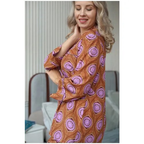 Пижама Pijama Story, рубашка, брюки, застежка пуговицы, длинный рукав, карманы, пояс, пояс на резинке, размер 52, фиолетовый, горчичный