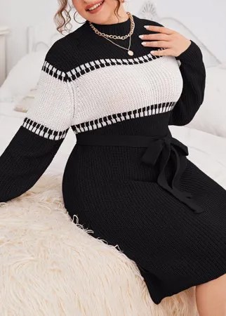 Размера плюс Платье-свитер контрастный с поясом