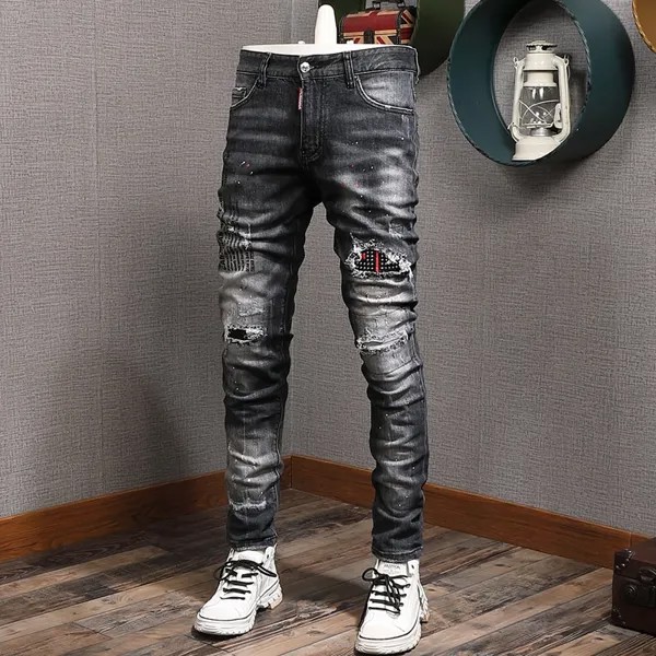 Уличные модные мужские джинсы Ретро Черные Серые Эластичные зауженные рваные джинсы мужские дизайнерские потертые джинсы с принтом в стиле хип-хоп джинсовые брюки