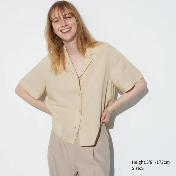 Рубашка UNIQLO льняная с открытым вырезом и короткими рукавами, бежевый