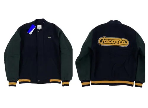 НОВЫЙ шерстяной университетский бомбер Lacoste Live Retro, синий, зеленый, мужской, размер 48 S/M