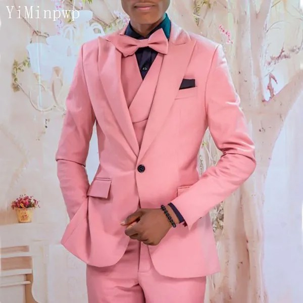 YiMinpwp розовые мужские костюмы из 3 частей приталенные с заостренным лацканом одна пуговица костюм для выпусквечерние вечера Блейзер Куртка ...