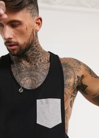 Черная майка со спиной-борцовкой и контрастным карманом ASOS DESIGN-Черный цвет