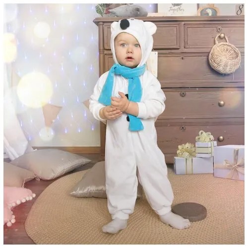 Карнавальный костюм для малышей «Медвежонок белый» с голубым шарфом, велюр, хлопок, рост 74-92 см