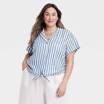 Женская льняная рубашка с коротким рукавом и воротником на пуговицах - Ava - Viv Blue Striped