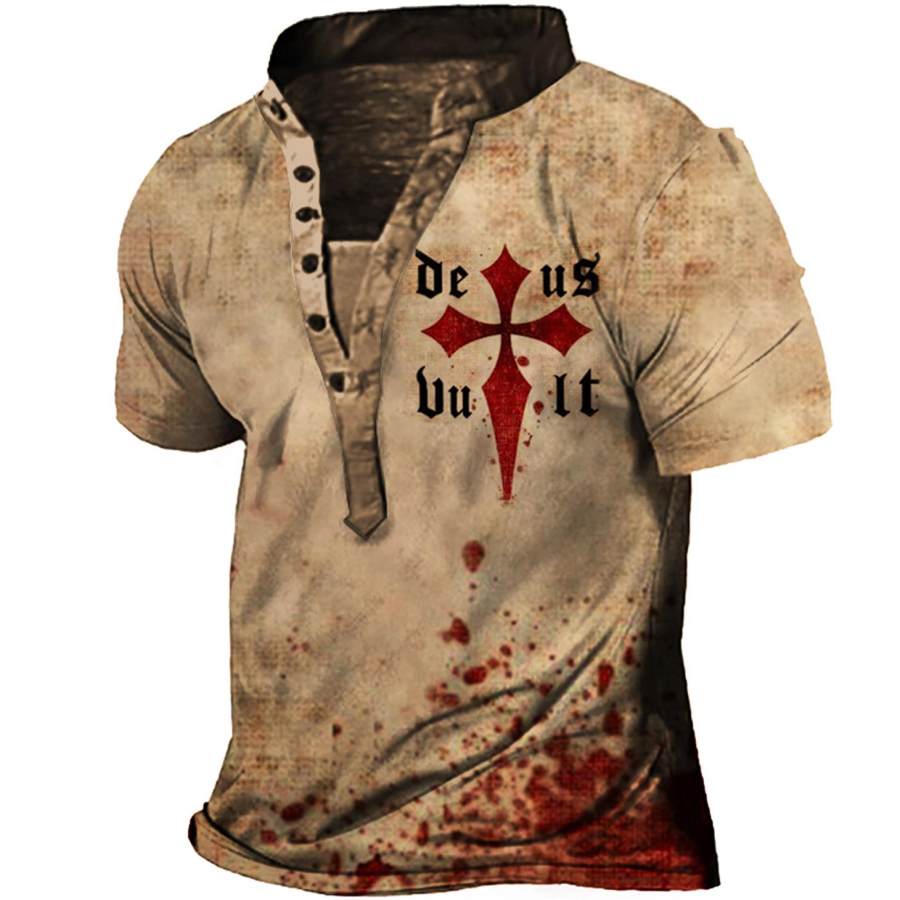 Мужская винтажная футболка Henley с принтом Templar Cross