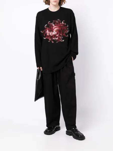 Шерстяной джемпер с цветочным принтом Yohji Yamamoto, черный