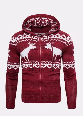 Mens Fashion Christmas Deer Печатный с длинным рукавом вязаное пальто с капюшоном