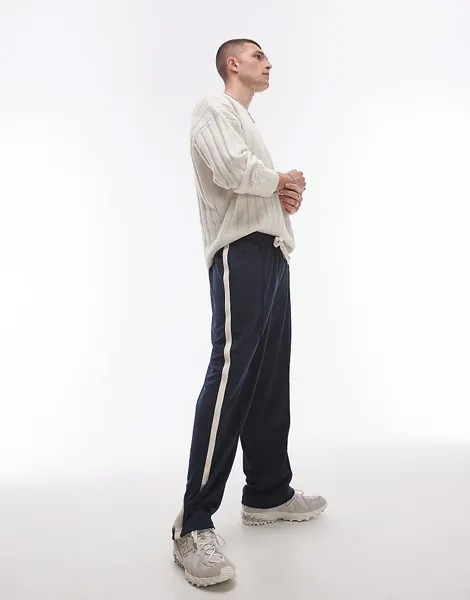 Темно-синие джоггеры прямого кроя с полосками по бокам Topman
