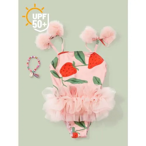 50664, Купальник слитный с юбкой для девочки UPF 50+ Happy Baby на завязках, купальник платье, солнцезащитный, фиолетовый, 104-110
