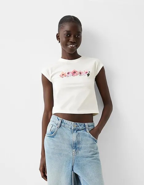 Bershka – Укороченная футболка цвета экрю с винтажной цветочной графикой