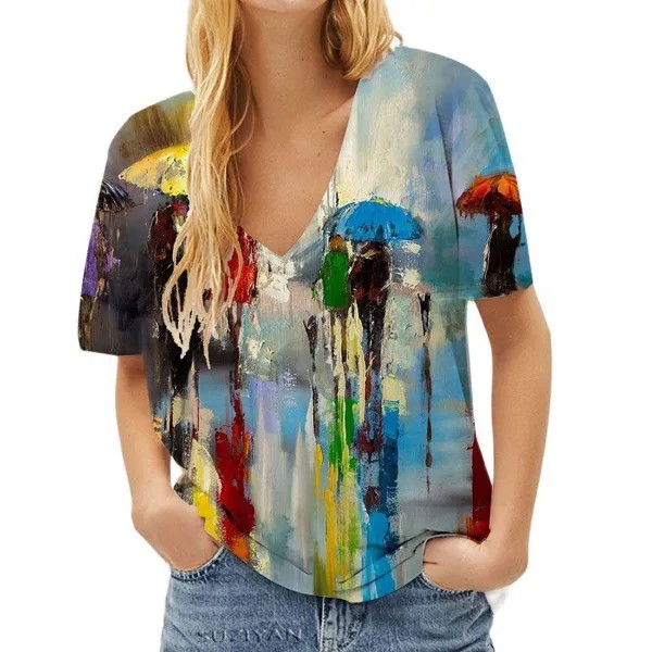 Женская футболка Арт Картины 3D-печатная летняя мода Повседневная Харадзюку с коротким рукавом Femme V Neck Street Tshirts Женские топы