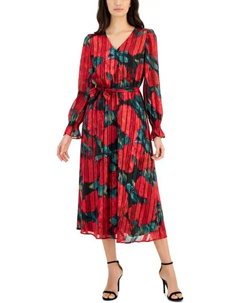 Женское платье миди с цветочным принтом и поясом Anne Klein, красный