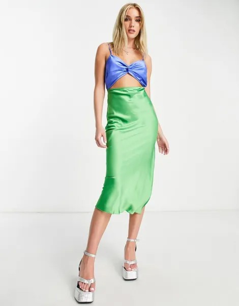 Зеленое и синее атласное платье миди с цветными блоками Miss Selfridge
