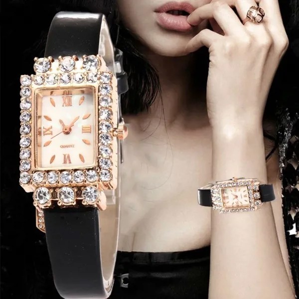 Роскошные женщины Повседневный хрустальный кожаный ремешок Кварцевые наручные часы Личность Алмаз горный хрусталь Часы