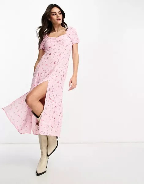 Розовое платье миди с цветочным принтом и разрезами & Other Stories