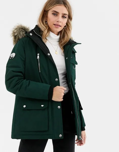 Зеленая куртка в стиле милитари с искусственным мехом на капюшоне New Look-Зеленый