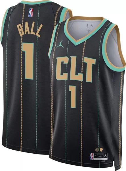 Мужская мужская майка Jordan 2022-23 City Edition Charlotte Hornets LaMelo Ball #1 черного цвета Dri-FIT Swingman