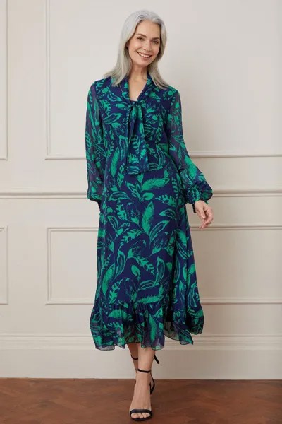 Платье миди из шелкового микса с принтом перьев и завязками на шее Wallis, зеленый