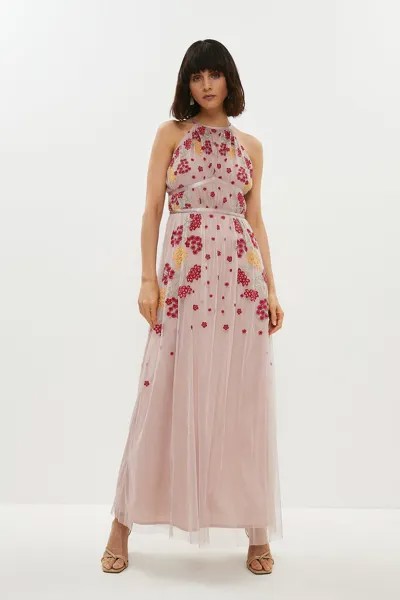 Платье макси с вышивкой и вырезом через шею Coast, розовый