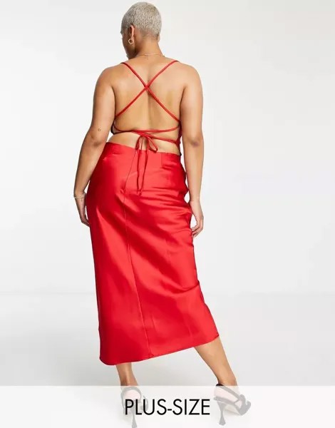 Эксклюзивное красное атласное платье миди с воротником-хомутом In The Style