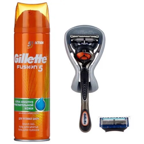 Набор Gillette подарочный дорожная косметичка, гель для бритья Fusion5 Ultra Sensitive 200 мл, бритвенный станок Fusion ProGlide Flexball