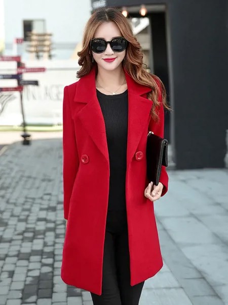 Milanoo Red Wool Coat Notch Collar Long Sleeve Winter Coats For Women