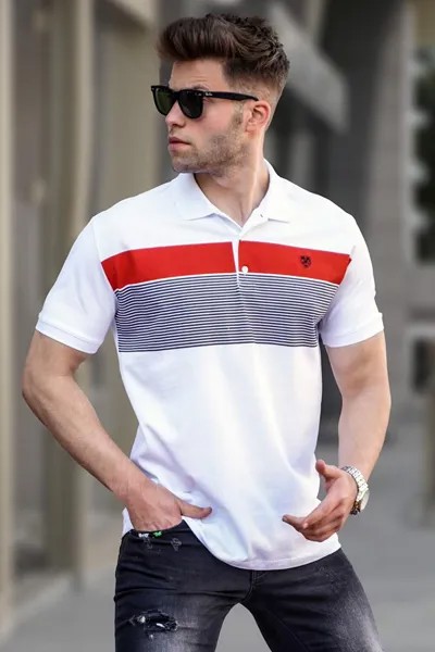 Белая мужская футболка в полоску с воротником-поло 5864 MADMEXT