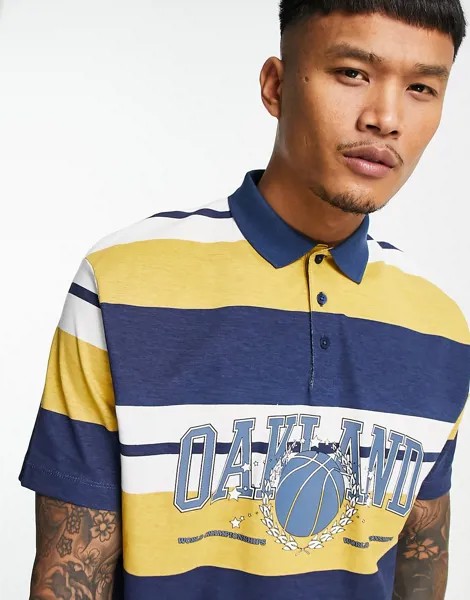 Свободная футболка-поло в желтую и синюю полоску с принтом спереди ASOS DESIGN-Разноцветный