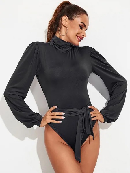 Milanoo Women Black Bodysuit Long Sleeves Backless Polyester Sexy Top