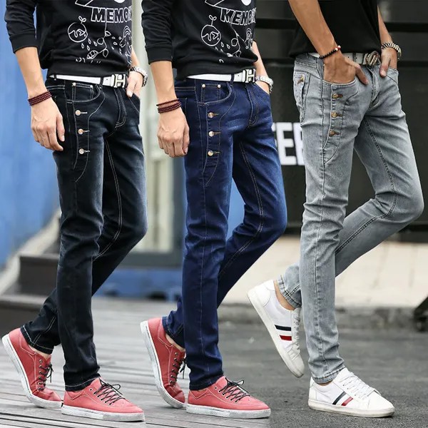 Простой тонкий корейской версии упругие ноги Брюки молодежные джинсы Мужские модные джинсовые