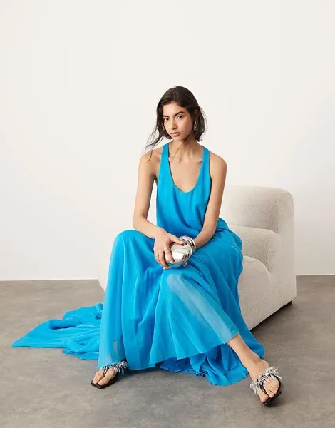 ASOS Edition – синее платье макси с шифоновой юбкой и заниженной талией