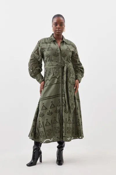 Тканое платье макси с поясом и хлопковой вышивкой больших размеров Karen Millen, хаки