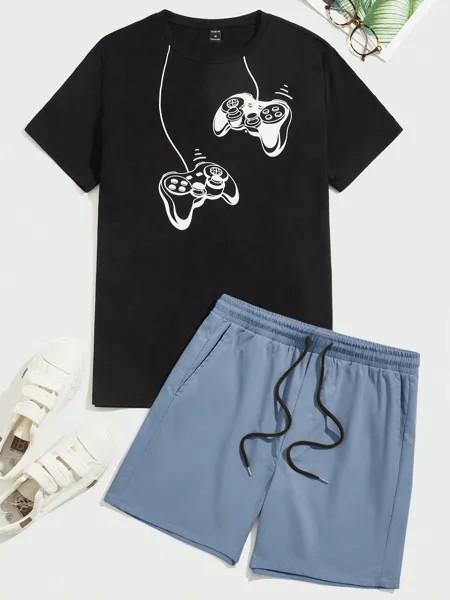 SHEIN Мужская футболка с короткими рукавами и шорты с контроллером для видеоигр, абрикос