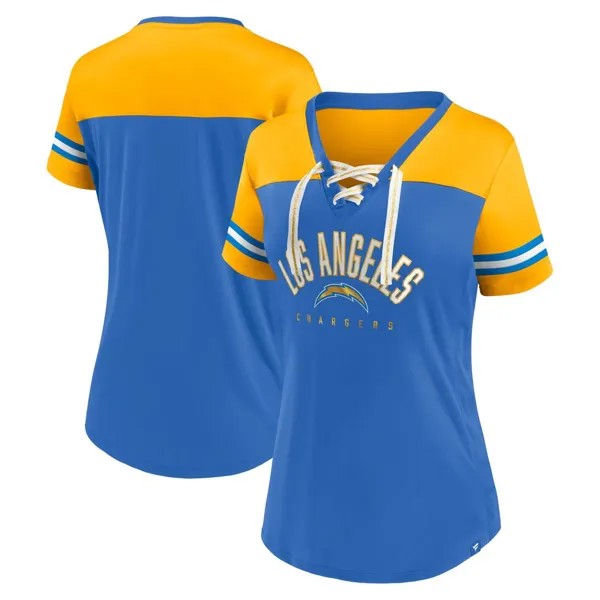 Женская трикотажная футболка с v-образным вырезом и шнуровкой Fanatics, пудрово-синий/золотой Los Angeles Chargers Blitz & Glam Fanatics