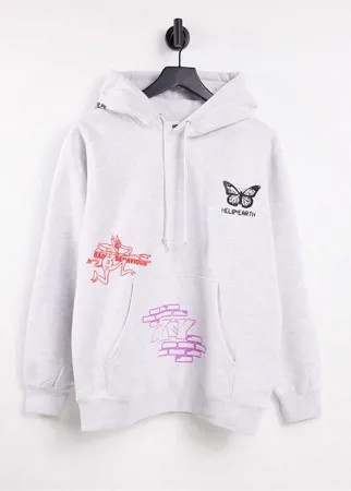 Oversized-худи со смешанным принтом и логотипом на спине Obey-Серый
