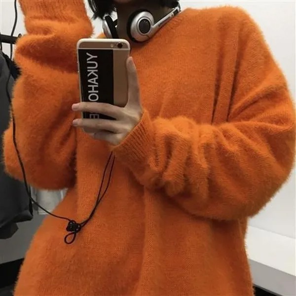 Новый корейский модный акриловый однотонный пуловер с круглым вырезом Пушистый мохеровый плотный вязаный Повседневный свободный свитер д...