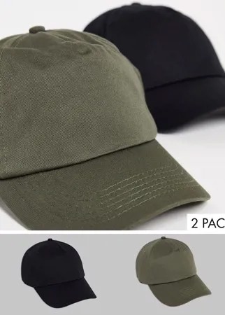 2 бейсболки черного цвета/хаки ASOS DESIGN - Скидка-Многоцветный