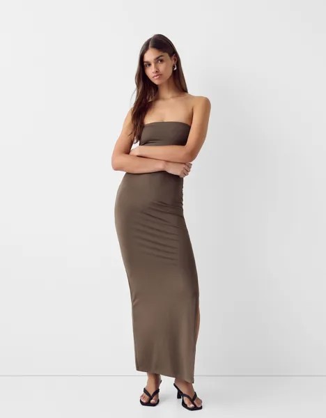 Платье миди с вырезом бандо Bershka, коричневый